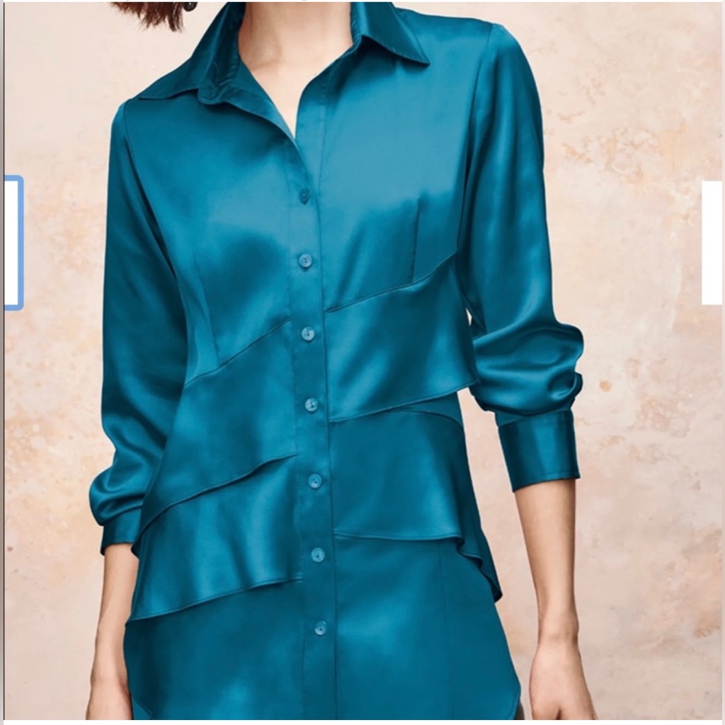 Finley Long-Sleeve Button-Front Tiered Ruffle Satin Blouse Size M, Nwt